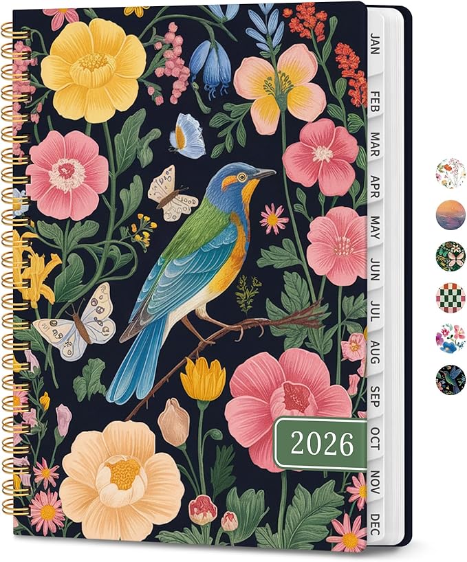 2026 Planner, Weekly and Monthly Calendar Planner for Women, Jan 2026 - Dec 2026, Hardcover Planning Agenda book with Tabs, Spiral Bound, Inner Pocket, Perfect for School Office Supplies, 8.5" x 11" - Garden Bird