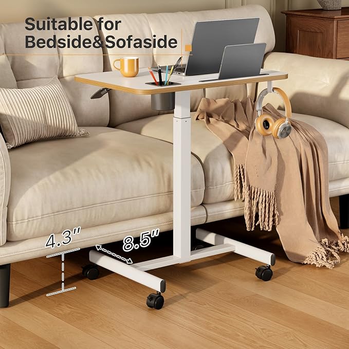 Mobile Standing Desk, Rolling Laptop Cart Adjustable Height with Cup Holder, 28 inch Portable Table with 4 Lockable Wheels, White Computer Workstation with Hook and Slots for Home Office