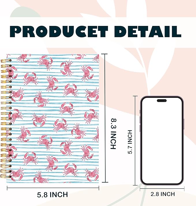 Coastal Beach Crab Notebook, Blue Striped Summer Ocean Beach Crab Gifts Journal Journaling for Women Spiral Notebooks, Nautical Ocean Hardcover Spiral Notebooks, 5.5x8.3 Inch