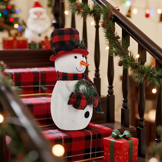 Christmas Lighted Snowman, 12" With Wreath Table Decorations, Red Black Plaid Xmas Decor for Home Kitchen Holiday Party