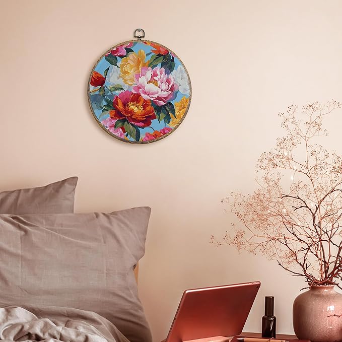 FUGWN Vintage Peony Floral Round Wall Art Decor Framed, Cottagecore Floral Canvas Artwork Prints, Rustic Farmhouse Flower Wall Hanging Decorations for Home Bedroom Living Room, 10x10 Inch