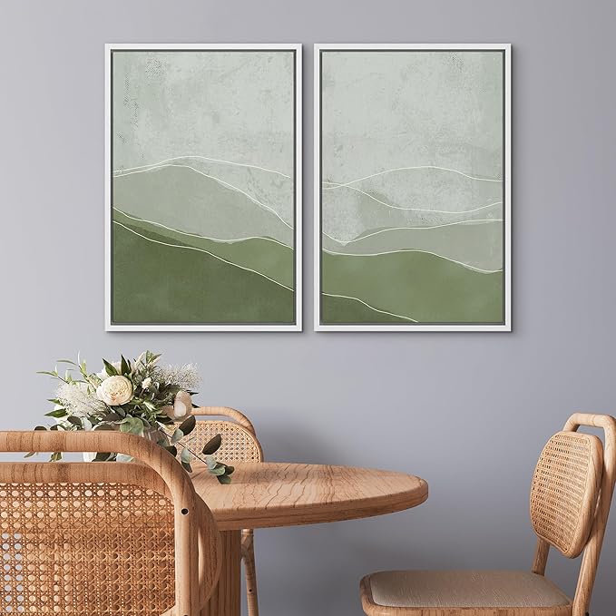 SIGNWIN Framed Wall Art Print Set Faded Green & Gray Wave Landscape Abstract Shapes Illustrations Modern Art Bohemian Relax/Calm Multicolor for Living Room, Bedroom, Office - 24"x36"x2 White