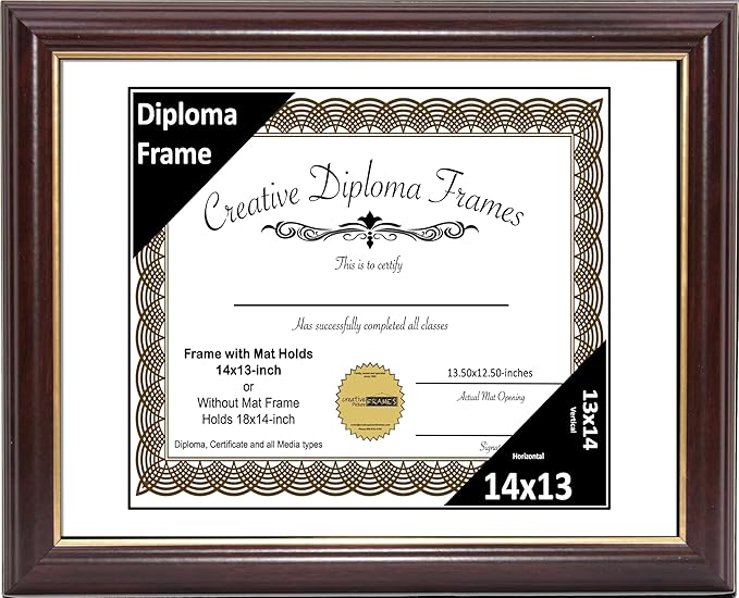 Creative Picture Frames 14x13 Mahogany Gold Rim Diploma Frame with White Mat Glass and Installed Wall Hangers | Frame Holds 14x18 Media without Mat