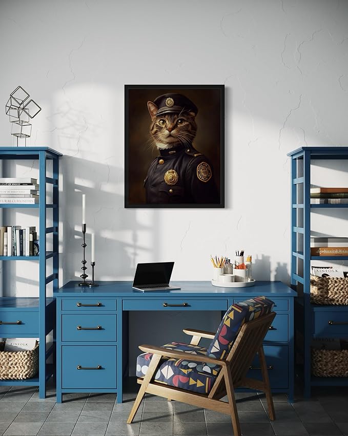 Police Cat Art Poster Print, Cat Kitten Painting Humor Portrait Pet Artwork Decor Gallery A8 (Police, 11 x 14 inches, Black Frame)