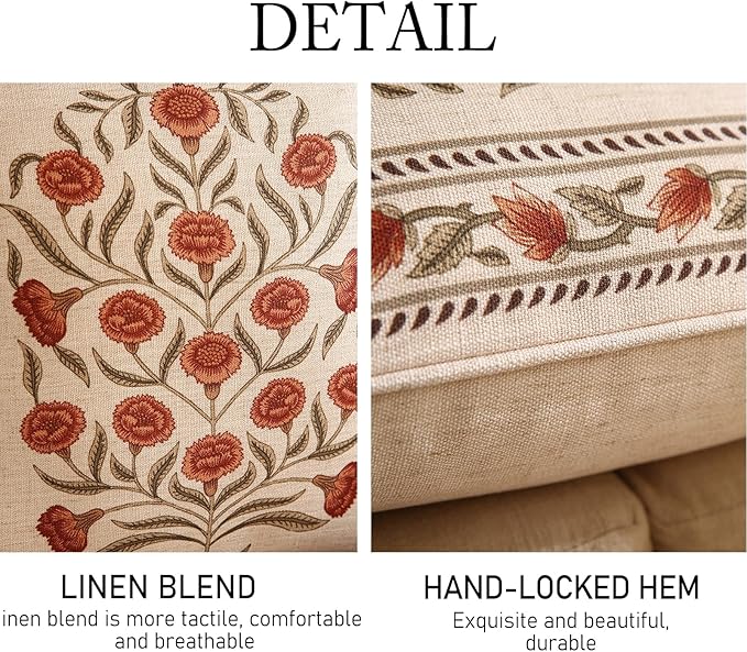 ISAENNE Design Linen Square Rectangle Vintage Throw Pillow Covers Set of 4, Red Euro Cushion Covers with Orange Floral Green Leaves Pattern Decor Pillowcases for Bed,Living Room,Outdoor,Car