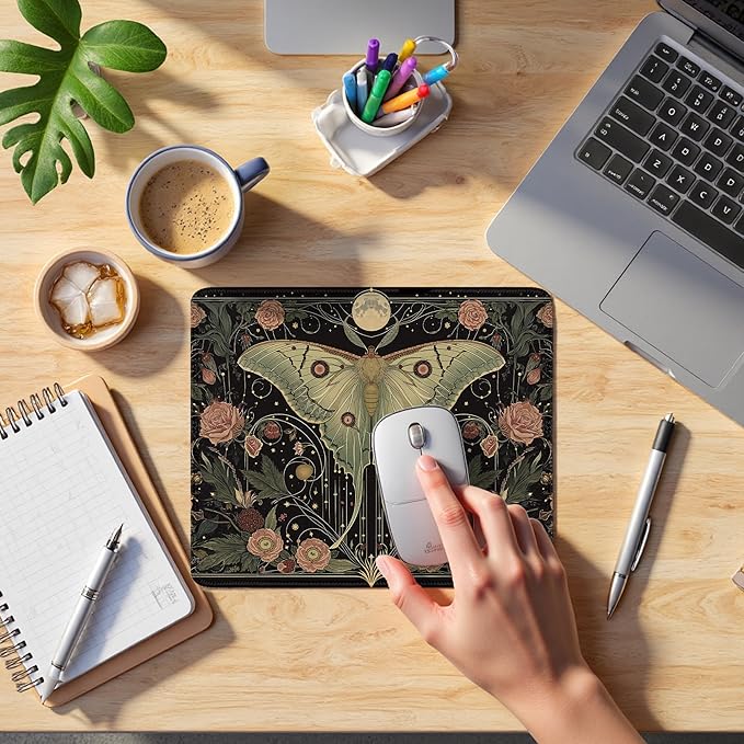 Moody Gothic Moth Mouse Pad, Dark Contemporary Botanical Mousepad for Desk Home Office Dorm Computers Laptop, Witchy Aesthetic Office Supplies Desk Accessories, 9.5x7.9 Inch