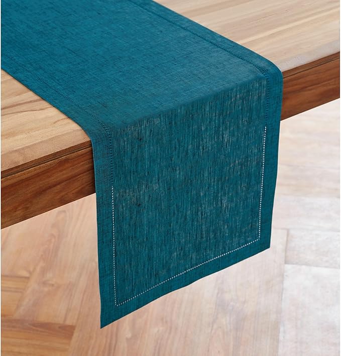 Solino Home Linen Table Runner 72 Inches Long - 100% Pure Linen Chambray Teal Table Runner 14 x 72 Inch for Spring, Easter, St Patricks Day - Milan Hemstitch