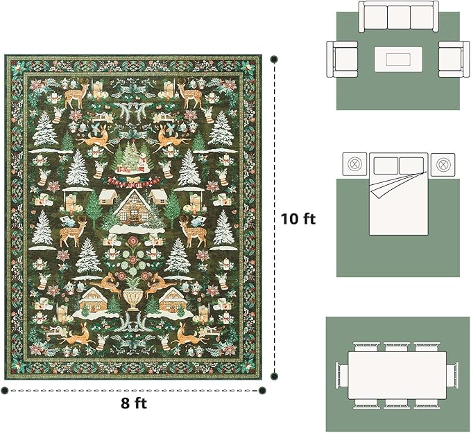 jinchan Christmas Rug 8x10 for Living Room Bedroom Green Holiday Decorative Rug for Dining Room Christmas Tree and Cabin Printed Large Xmas Decor Indoor Washable Non Slip Floor Carpet