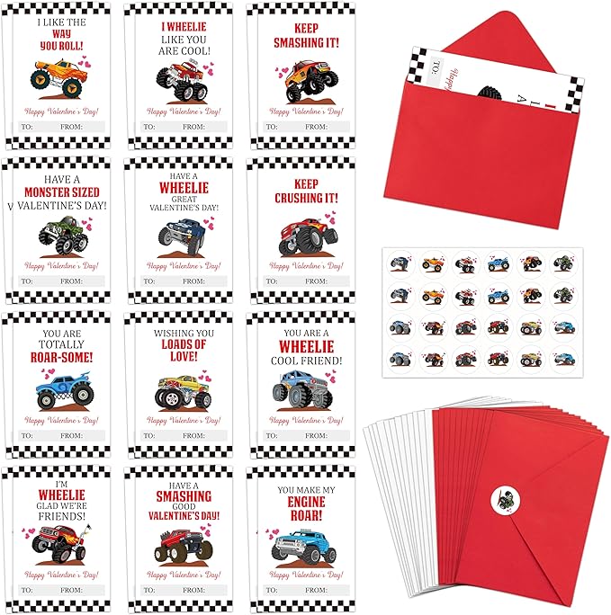 TICIAGA 72pcs Valentine’s Day Monster Truck Greeting Cards with Envelop and Sticker for Kid, 4 x 6 IN Monster Truck Notecard Exchange Gift for Boy Girl School Classroom Supply, Valentines Party Favor