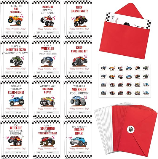 TICIAGA 72pcs Valentine’s Day Monster Truck Greeting Cards with Envelop and Sticker for Kid, 4 x 6 IN Monster Truck Notecard Exchange Gift for Boy Girl School Classroom Supply, Valentines Party Favor