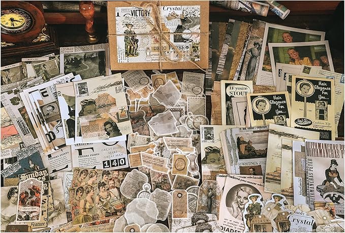 Knaid 200 Pieces Vintage Ephemera Pack Decoupage Paper Junk Journal Kit Scrapbook Planner Sticker Supplies for Art Journaling Bullet Journals Collage Craft Notebooks Album Crafter Gifts (Retro Style)