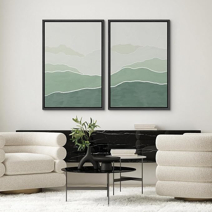 SIGNWIN Framed Wall Art Print Set Green Gradient Wave Landscapes Abstract Shapes Illustrations Modern Art Bohemian Relax/Calm Multicolor for Living Room, Bedroom, Office - 24"x36"x2 Black
