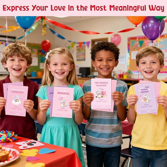 TICIAGA 144pcs Valentine's Day Unicorn Greeting Card with Envelop and Stickers for Kids, Charming Design Unicorn Notecard Gift Cards for Boys and Girls School Classroom Exchange, Valentines Party Favor
