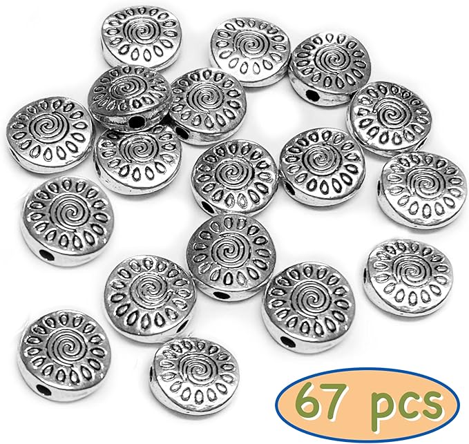 Tibetan Silver Spacer Beads - Flat Beads for Jewelry Making Kit, Bulk 67pcs, 10mm