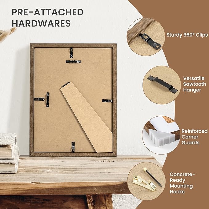 Dreamland Picture Frame 9x12, Solid Oak Wood Photo Frame with Mat for 6x8, 9 x 12 Matted Picture Frames with Resistant Plexiglass for Wall Art Photo and Prints, Walnut Color, Set of 3