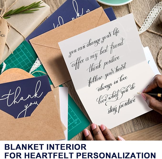 Teling 200 Set Thank You Cards with Envelopes Bulk, 6 x 4 Inch Blank Thank U Greeting Notes with Brown Kraft Envelopes Stickers Thankyou Card Set for Graduation Wedding Birthday Baby Shower(Navy Blue)