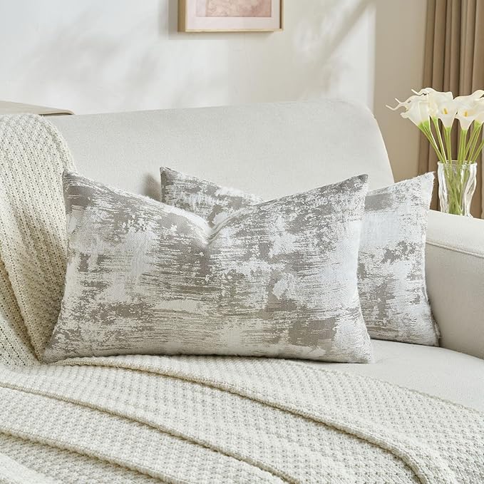 FUTEI Grey White Decorative Throw Pillow Covers 12x20 Inch Set of 2,Jacquard Weave Pillow Case in Soft Faux Cashmere,Modern Home Decor for Couch Living Room
