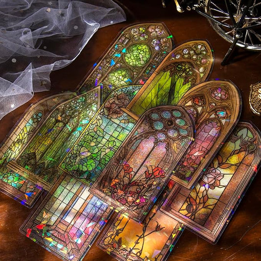 60PCS Large Holographic Gothic Stained Glass Window Medieval Stickers – Vintage Clear Cathedral Religious Art Decals for Scrapbooking, Journaling, Christian Bible Study, Art Crafts Supplies