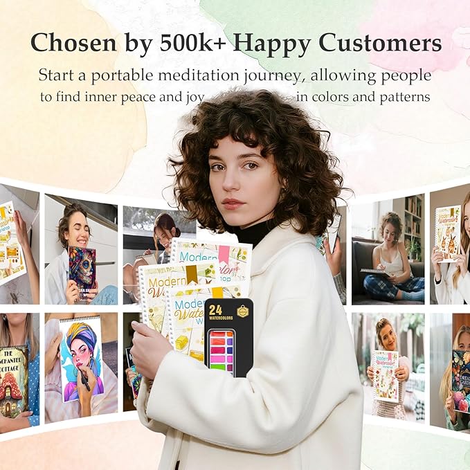 3Pcs Watercolor Workbook Paint Book Beginner Friendly Painting Kit, 36 Pages Workbooks with 24 Paint Colors & Brush for Beginners, Stress-Relieving Gift for Women Adults (Kitchen&Animals&Flower)