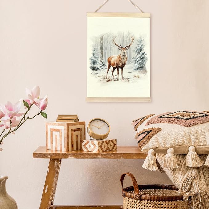 bitCNY 12x16 Inch Deer in Snow Forest Wall Art – Woodland Animal Canvas Poster, Rustic Winter Cabin Decor with Natural Hanger