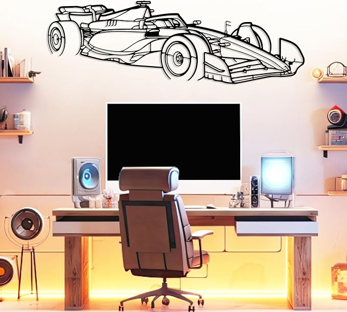 Formula Car Metal Wall Art, Sports Car Metal Silhouette, Formula Car Lovers Metal Wall Decor, Racing Gifts For Men, Minimalist Sculpture for Garage, Man Cave, Gift for Father's, (Black-20"x 5.5" inch)