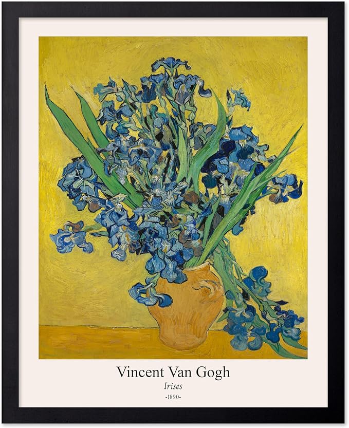 Monem Art Vintage Van Gogh Poster - Retro Irises Print - Flowers in Vase Art - Impressionism Art - Floral Art - Fine Art - Classic Painting Art - Living Room Wall Decor - 11x14 Black Framed