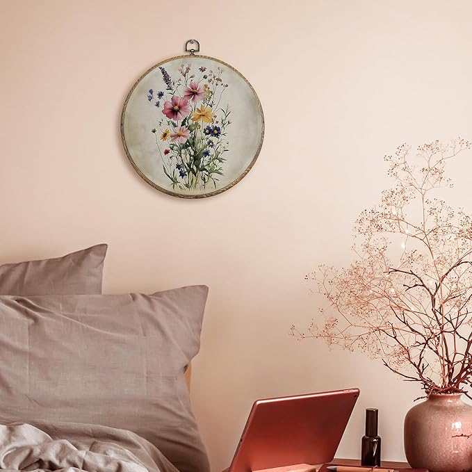 FUGWN Vintage Wildflower Botanical Round Wall Art Decor Framed, Cottagecore Floral Botanical Canvas Artwork Prints, Retro Floral Wall Hanging Decorations for Home Bedroom Living Room, 10x10 Inch