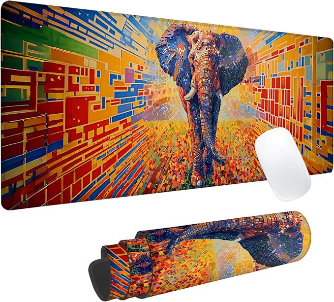 Geometric Elephant Gaming Mouse Pad, Office Desk Mat, Anti-Slip Rubber Base Cool Aesthetic Mouse Pads for Computer Laptop Keyboard School Home Desktop Gamer Home Accessories Decor 31.5" x 11.8"