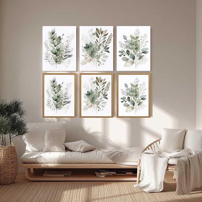 LLEEMPI Framed Sage Green Wall Art Set of 3, Modern Watercolor Botanical Wall Decor, Eucalyptus Leaf Canvas Painting, Classic Minimalist Florals Poster Print for Bedroom Bathroom Office 12x16 Inch