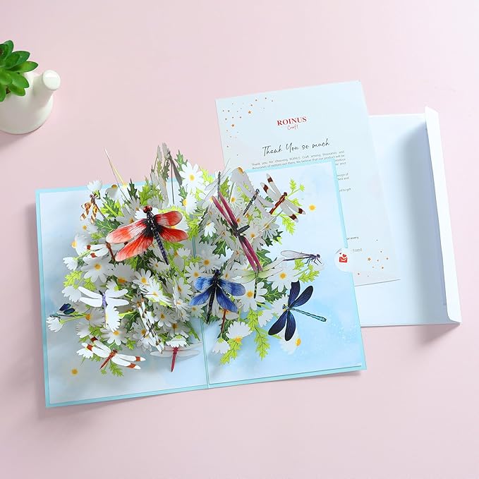 Pop Up Birthday Card for Women – Dragonfly 3D Flower Card, Handcrafted Greeting Card for Her, Mom, Sister, Friends, All Occasions Gift