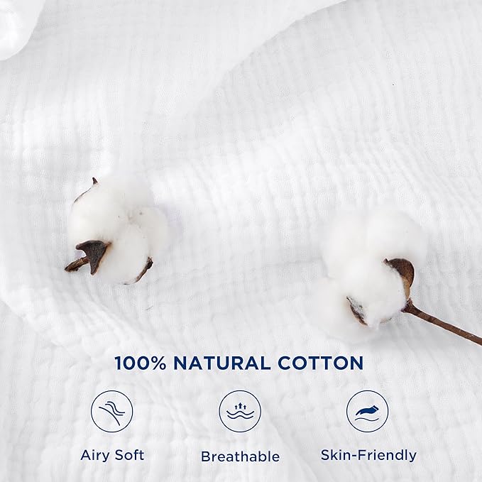 Bedsure 100% Cotton Muslin Throw Blanket Twin XL for Bed - 4-Layer Breathable and Lightweight Thin Soft Summer Gauze Muslin Blankets for Adults, White, 66x90 Inches