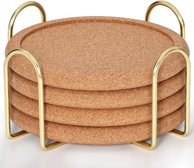 Cork Coasters for Drinks with Metal Holder, GOH DODD Absorbent Blank Coasters Tabletop Protection Home Decor for Housewarming Gifts Wedding Laser Engraving Wood Burning, Set of 4, Round, 4 Inch