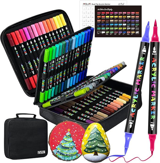 IVSUN Acrylic Paint Pens, 60 Colors Dual Tip Paint Markers with Fine Tip and Brush Tip for Stone, Wood, Canvas, Calligraphy, Ceramic, Metal, Glass, Rock Painting, DIY Crafts Art Supplies Kit