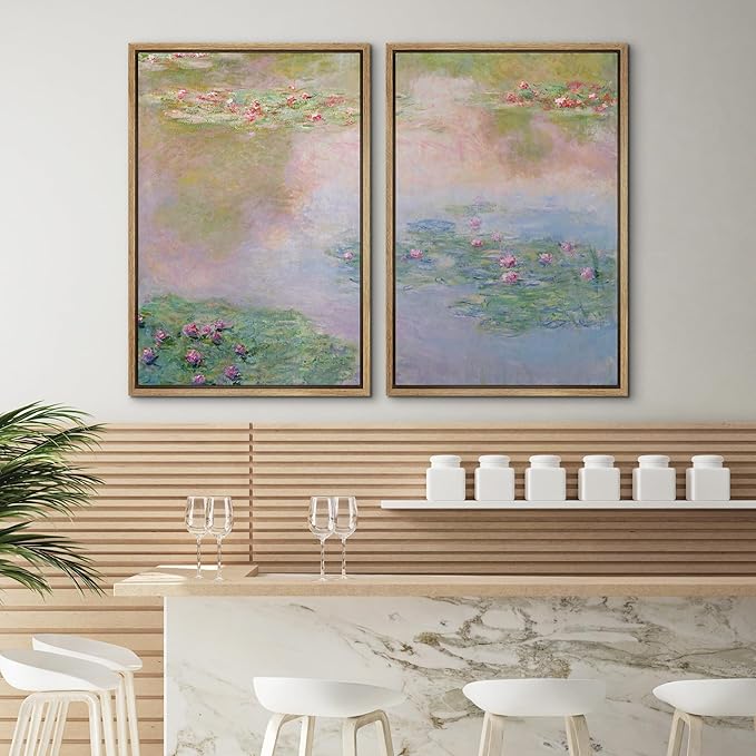 SIGNWIN Framed Canvas Print Wall Art Set Impressionist Water Lily Illustration Modern Art Minimalism Decorative for Living Room, Bedroom, Office - 24"x36"x2 Natural