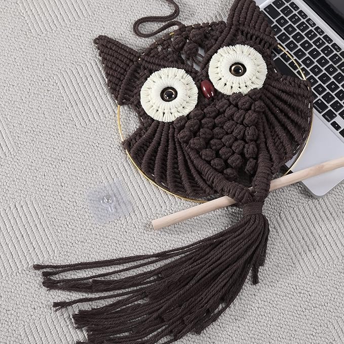 MVSUTA Owl Chocolate Cotton Handmade Macrame Wall Hanging Tapestry Home Decor Art and Bronze Craft Wonderful Decoration Woven Boho Ornament for Office Bedroom Apartment Living Nursery Gallery,1pc
