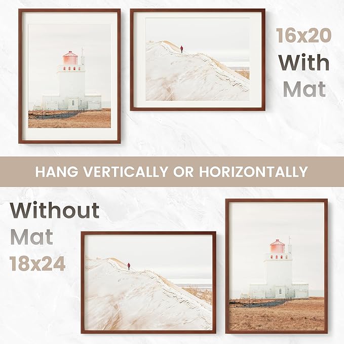 18x24 Poster Frame, USA-Sourced Natural Mahogany Wood Picture Collage Frame with HD Tempered Glass, Modern Simple 18 x 24 Wooden Photo Frame Matted to 16x20, Vertical & Horizontal Wall Hanging Display