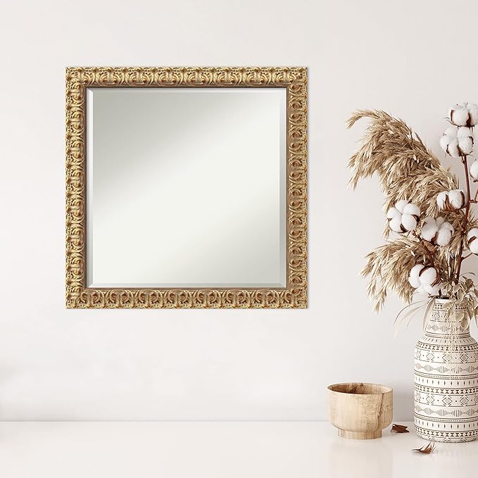Amanti Art Gold Wall Mirror 23x23 Florentine Gold Square Bathroom Mirror for Wall Decor Living Room, Medium Traditional Wood Frame, Hangs Horizonally and Vertically, Bathroom Decor, Beveled Edge