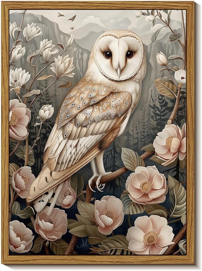 Djmwtb Framed Vintage Wall Art, Owl Wall Art,Flower Pictures Wall Decor,Nature Botanical Paintings Canvas Artwork Prints for Bedroom, Living Room 16x24in