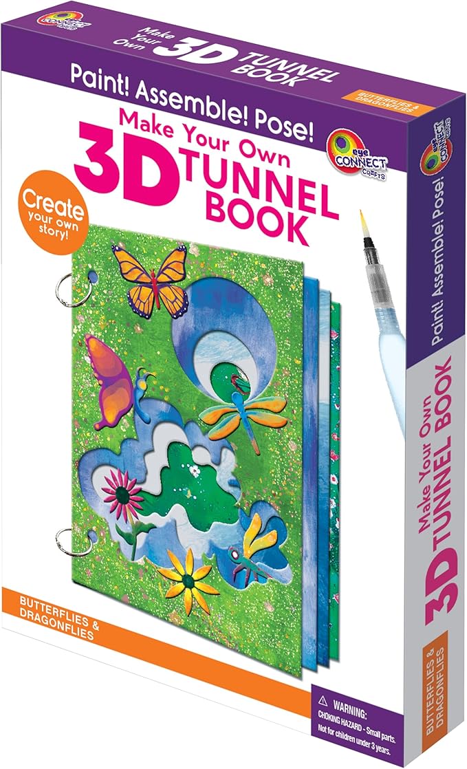 EyeConnect Crafts DIY Medium 3D Tunnel Book - Butterflies & Dragonflies | Creative Pop-in STEAM Craft Set for Kids & Teens | Paint & Customize with Mini Characters | Fun Pop-Up Art Activity Kit