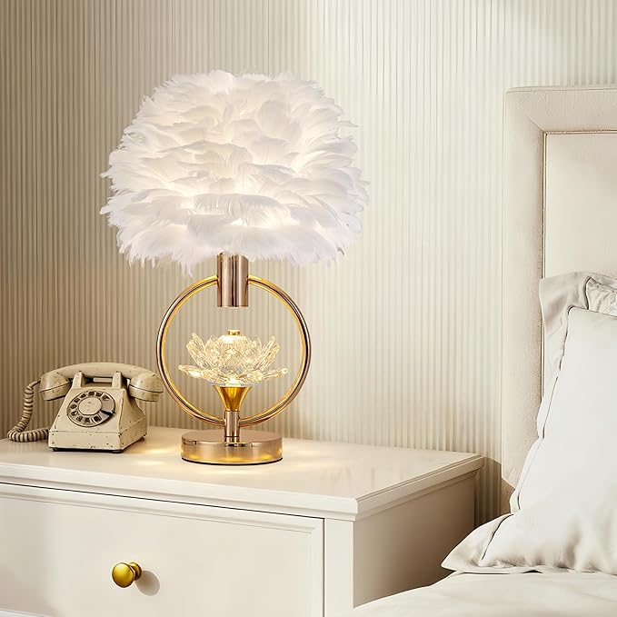 ZYLEIESENBAO Chic White Feather Lamp 17IN Modern Crystal Fluffy Table Lamp Cute Romantic Bedside Nightstand Light Nordic Desk Lamp for Girl Bedroom Living Room Entry Office Wedding Christmas Gift