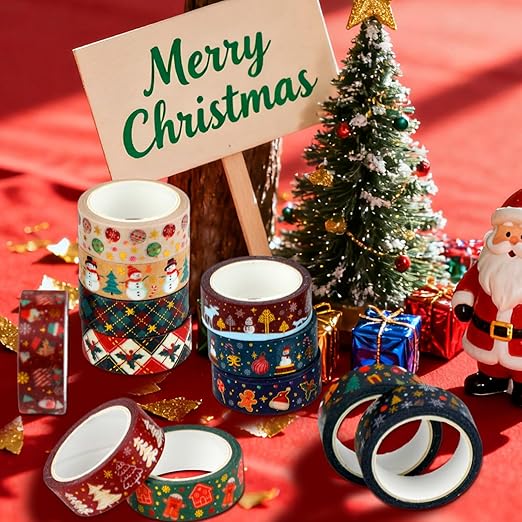 12 Rolls Christmas Washi Tapes Christmas Tree Snowman Snowflakes Gingerbread Man Masking Tape Red Green Gold Foil Xmas Decorative Tape for Xmas Scrapbook Journal Gift Wrapping DIY Crafts 16.4FT