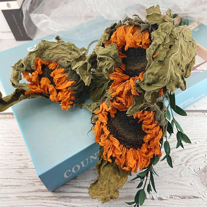 L'BREVOGA Dried Sunflowers with Stem, 3 pcs Natural Dried Sunflower for Floral Arrangements Home Wedding Party Decoration (15 Inches)