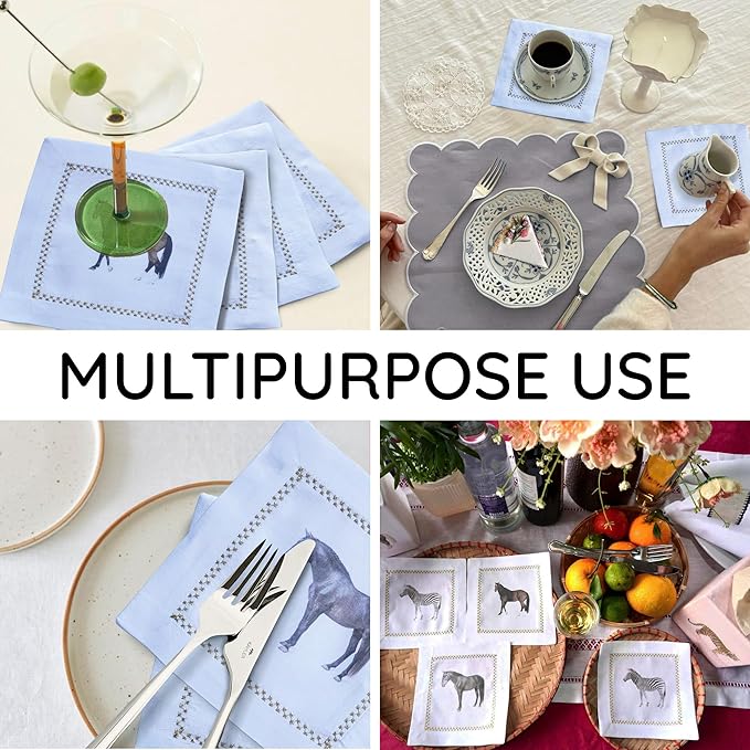 Cocktail Napkins Set of 6, 6x6 inch, 100% Pure Cotton, Printed Animal Pattern, Reusable & Washable Cloth Coasters for Beverages, Hosting, Gifting & Everyday Use (Horse)