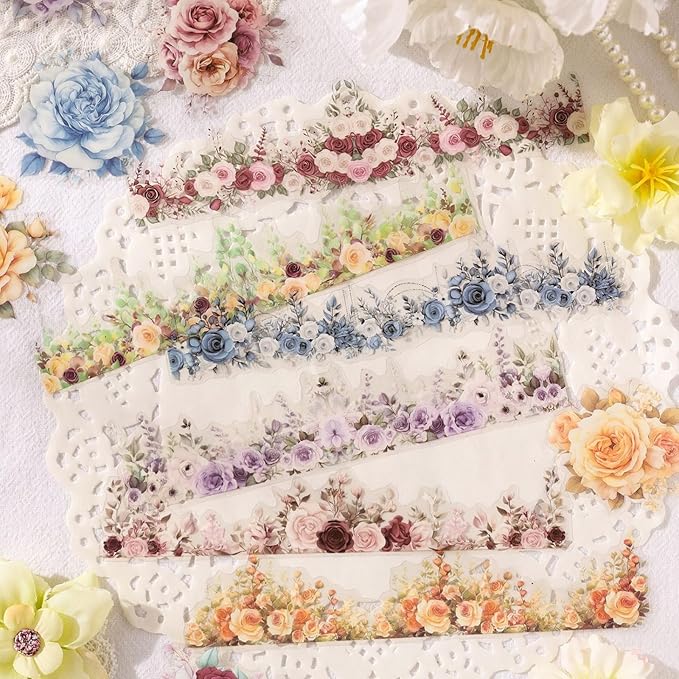 90 Pieces Vintage Floral Frame PET Scrapbook Stickers, 6 Pack Aesthetic Background Window Frames Decorative Stickers for Scrapbooking Planner Junk Journal Supplies Collage