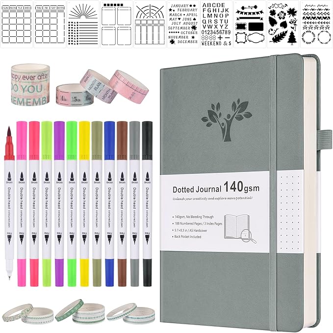 Bullet Dotted Journal Kit, 140gsm Hardcover A5 Dotted Journal with 188 Numbered Pages and 3 Index, 12 Brush Pens Dual Tip, 10 Stencils and 14 Washi Tape for Women Men Teen Girls, Gray