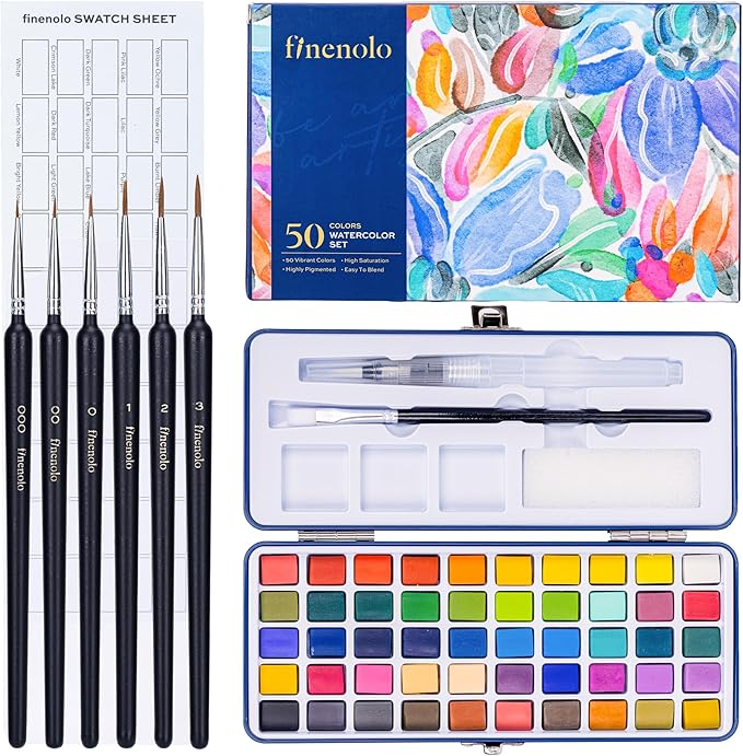 50 Colors Watercolor Paint Set with 8 Brushes (Water Brush + Detail Brushes), 3 Mixing Palettes & Complete Accessories, Perfect for Beginners,Great for Outdoor Sketching, Painting Creation, Holiday Gifts