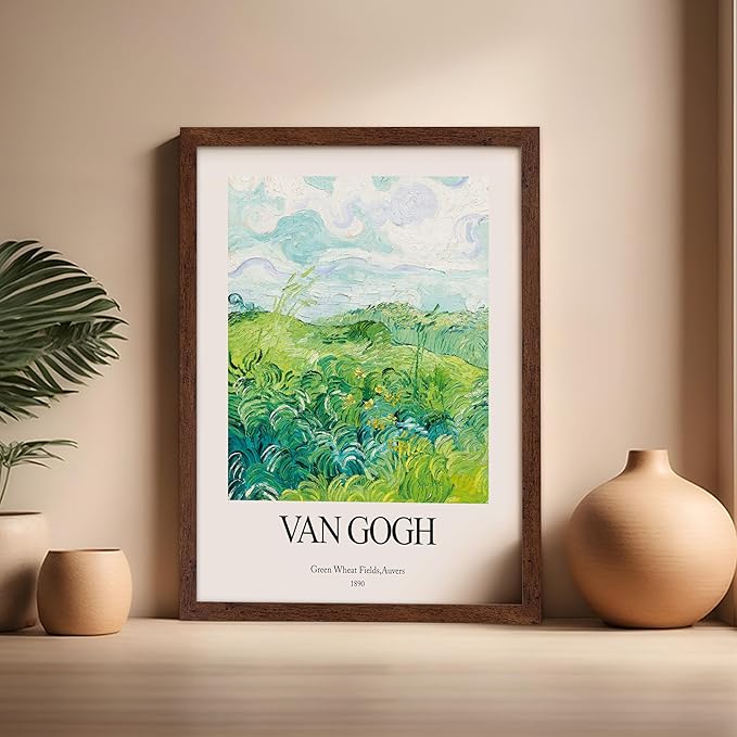 Monem Art Vintage Van Gogh Poster - Retro Impressionist Print - Green Wheat Fields, Auvers, Sky, Leaves, Landscape - Gift for Artist, Friend - Wall Decor for Home, Office, 16x20 Brown Framed