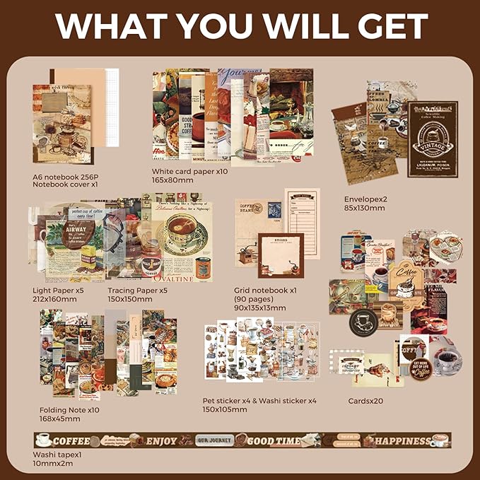 Funto Scrapbooking Kit(123 PCS), Vintage Collection-Coffee Bazaar, Perfect for Bullet Scrapbooking Materials, Planner DIY Arts Craft Collage