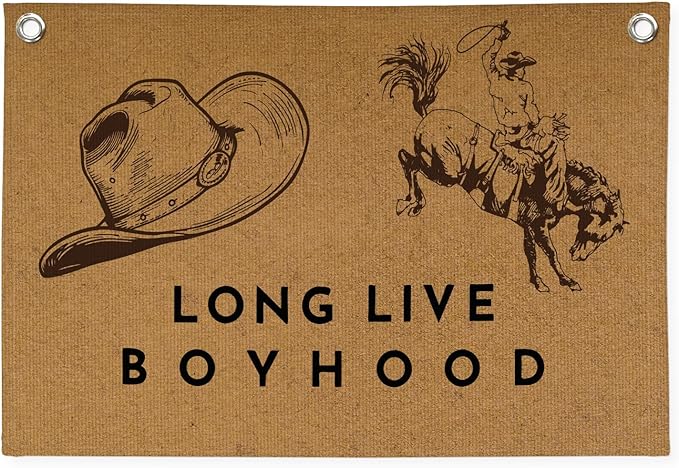Vintage Western Long Live Boyhood Wall Hanging,Western Farmhouse Cowboy Banner Print,Cowboy Nursery Decor Boy,Retro Cowboy Wall Art for Boys Room Bedroom Home Farmhouse 30X20 Inch