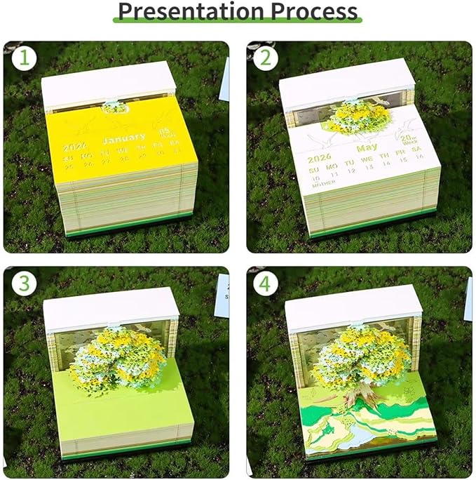 Time Piece Calendar 2026,3D Tree Tear-Away Memo Pad Creative Desk Calendars,3D Notepad Paper Carving Art Sticky Notes,3D Calendar 2026 Suitable for Room and Office Desktop Decoration